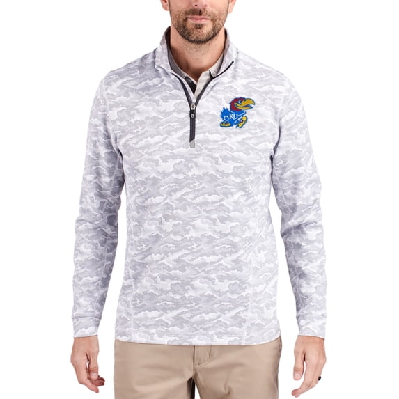 Men's-Cutter & Buck Gray Kansas Jayhawks Traverse Stretch Eco Camo DryTec Tri-Blend Quarter-Zip Pullover