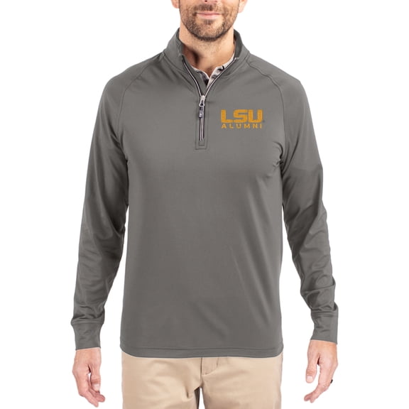 Men's Cutter & Buck Gray LSU Tigers Alumni Logo Adapt Eco Knit Stretch Raglan Quarter-Zip Pullover