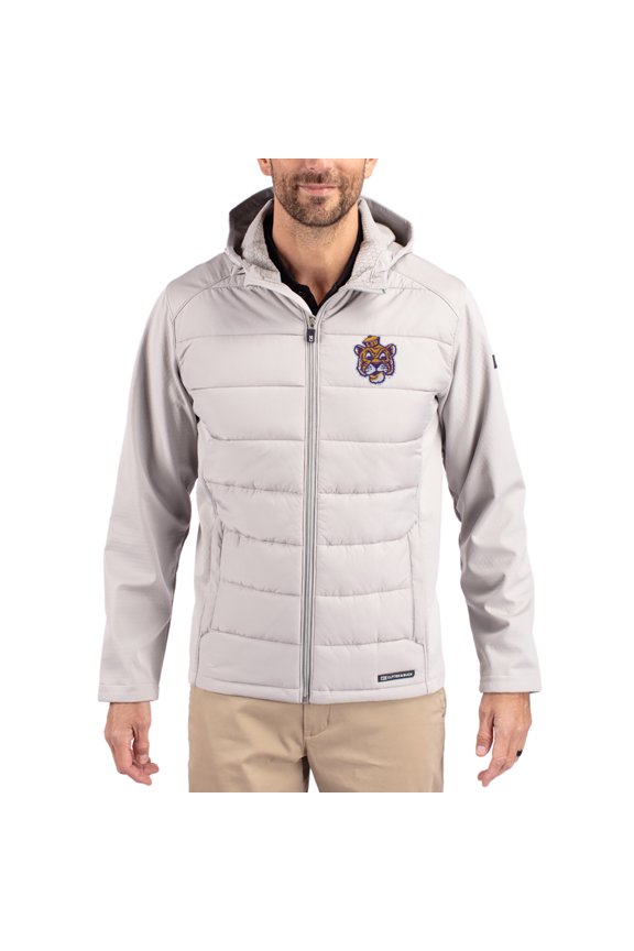 Men's Cutter & Buck Gray LSU Tigers Evoke Hybrid Eco Softshell Recycled Full Zip Hooded Jacket