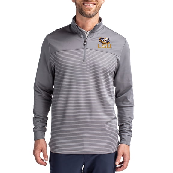 Men's-Cutter & Buck Gray LSU Tigers Traverse Stretch Eco Stripe DryTec Tri-Blend Quarter-Zip Pullover