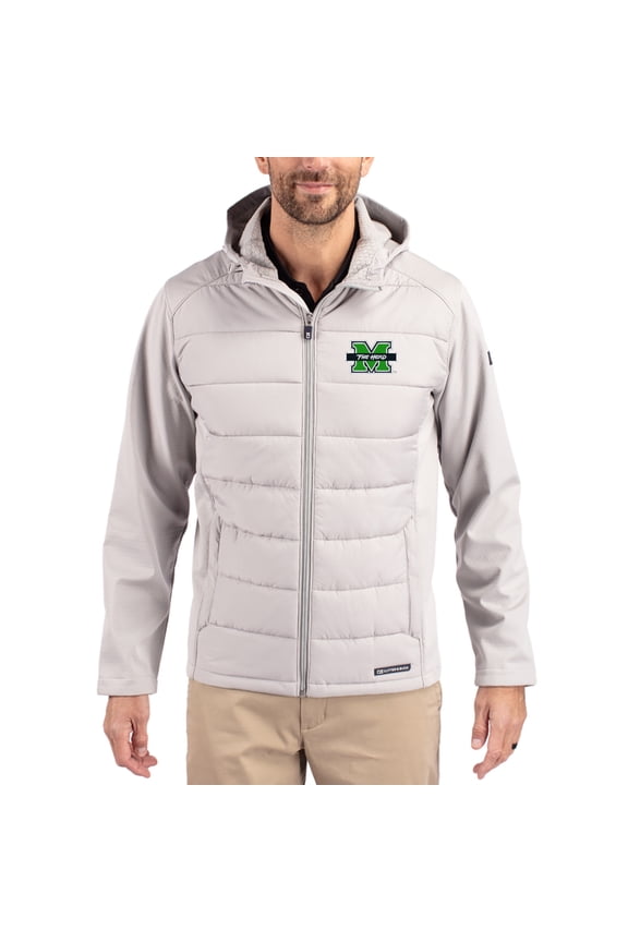 Men's Cutter & Buck Gray Marshall Thundering Herd Evoke Hybrid Eco Softshell Recycled Full Zip Hooded Jacket
