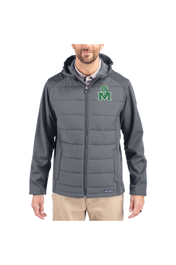 Men's Cutter & Buck Gray Marshall Thundering Herd Evoke Hybrid Eco Softshell Recycled Full Zip Hooded Jacket