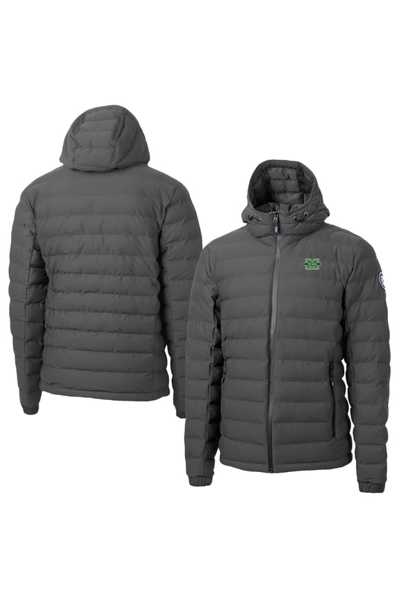 Men's-Cutter & Buck Gray Marshall Thundering Herd Mission Ridge Eco Insulated Repreve Hooded Full-Zip Puffer Jacket