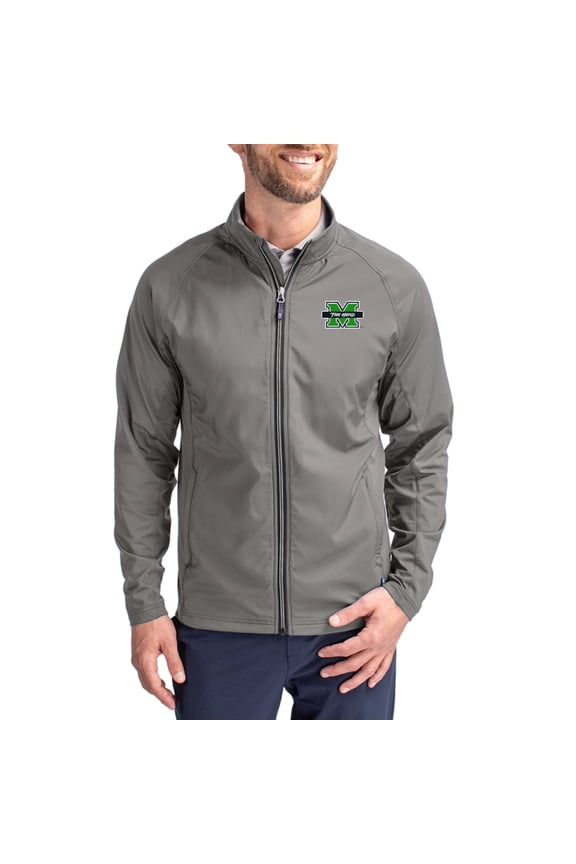 Men's Cutter & Buck Gray Marshall Thundering Herd Primary Logo Adapt Eco Knit Raglan Full-Zip Jacket