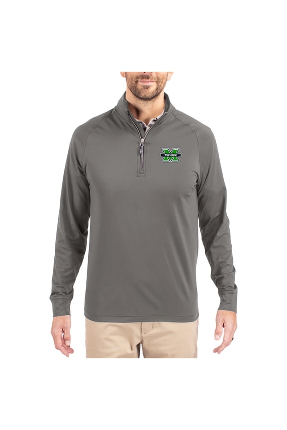 Men's Cutter & Buck Gray Marshall Thundering Herd Primary Logo Adapt Eco Knit Stretch Raglan Quarter-Zip Pullover