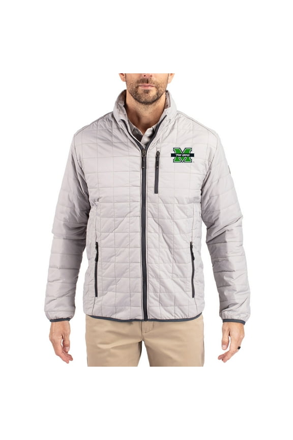 Men's-Cutter & Buck Gray Marshall Thundering Herd Rainier Eco Insulated PrimaLoft Full-Zip Puffer Jacket