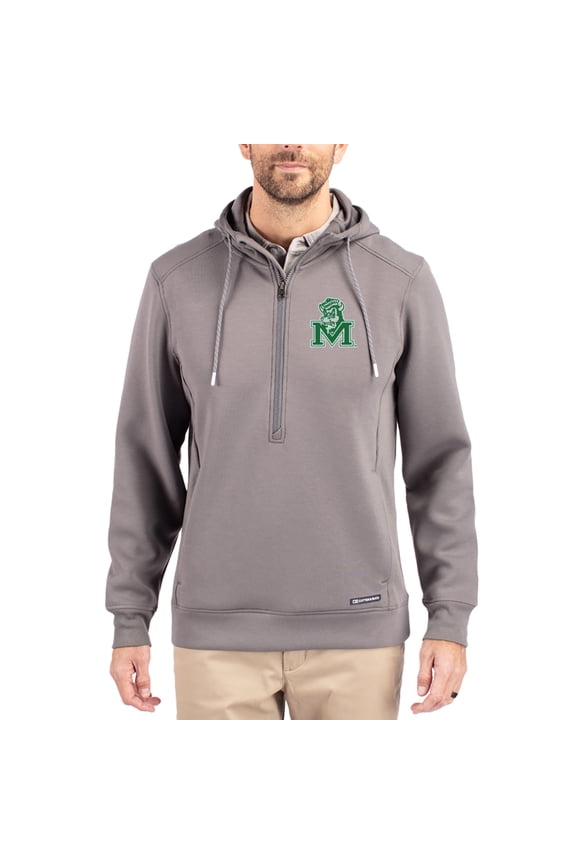 Men's-Cutter & Buck Gray Marshall Thundering Herd Roam Eco Recycled Half-Zip Pullover Hoodie