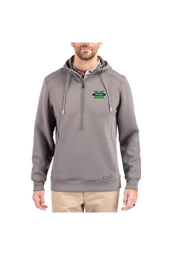 Men's-Cutter & Buck Gray Marshall Thundering Herd Roam Eco Recycled Half-Zip Pullover Hoodie
