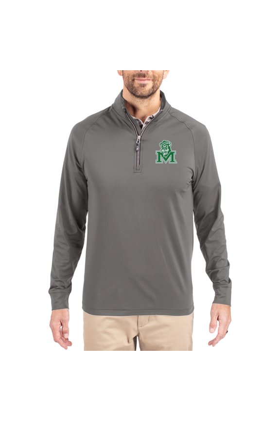 Men's Cutter & Buck Gray Marshall Thundering Herd Vault Logo Adapt Eco Knit Stretch Raglan Quarter-Zip Pullover