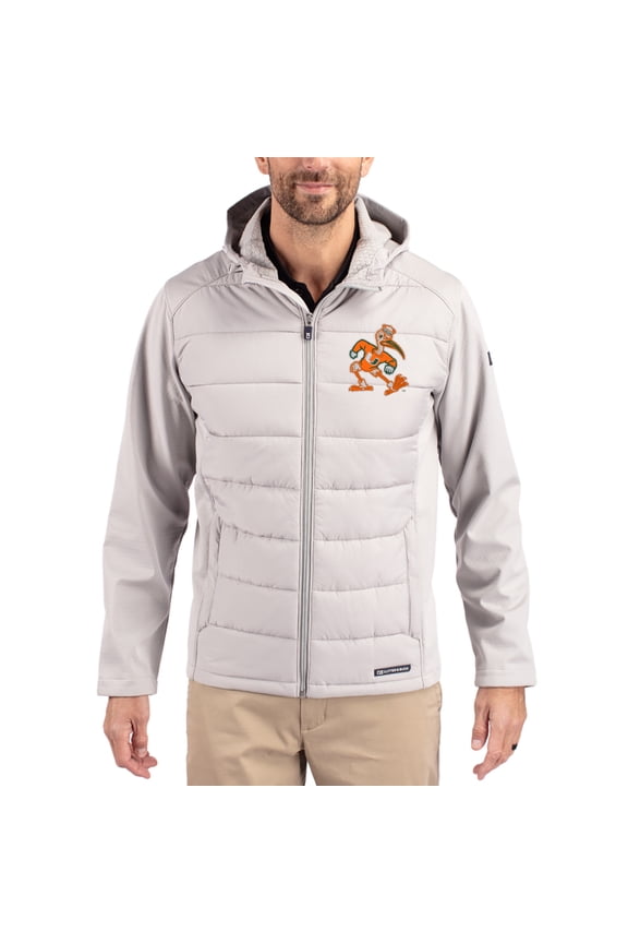 Men's Cutter & Buck Gray Miami Hurricanes Evoke Hybrid Eco Softshell Recycled Full Zip Hooded Jacket