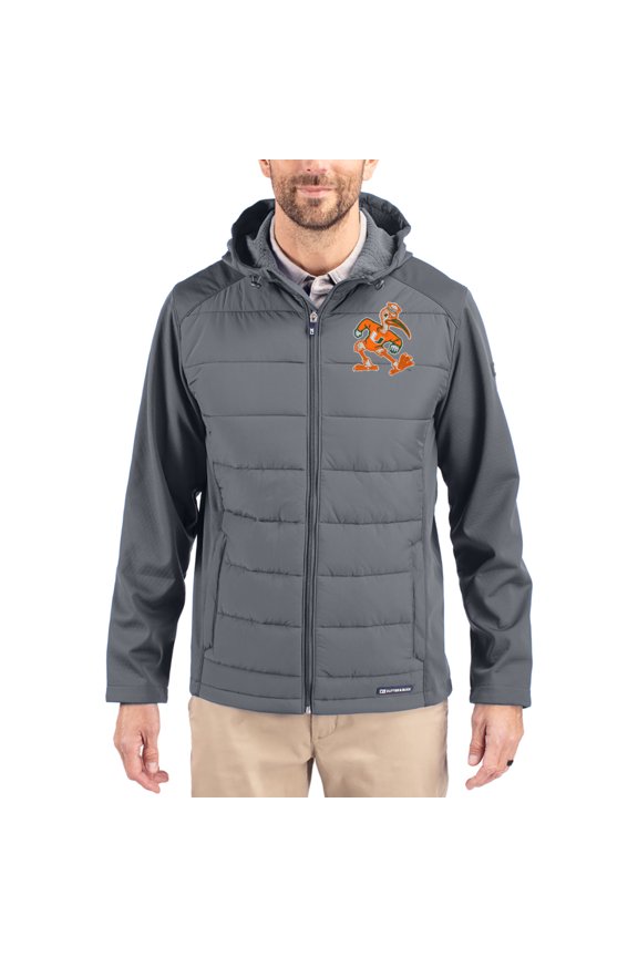 Men's Cutter & Buck Gray Miami Hurricanes Evoke Hybrid Eco Softshell Recycled Full Zip Hooded Jacket