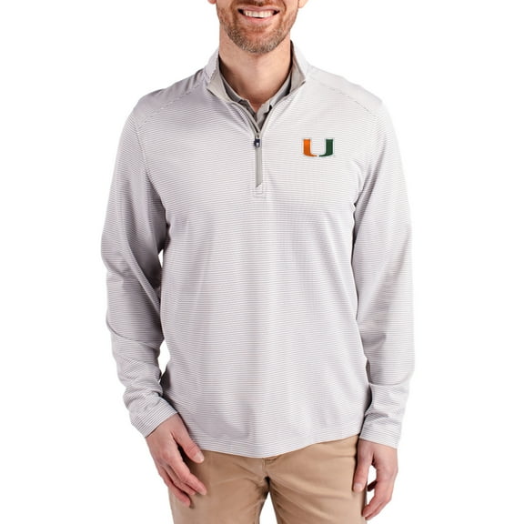 Men's-Cutter & Buck Gray Miami Hurricanes Virtue Micro Stripe DryTec Quarter-Zip Pullover