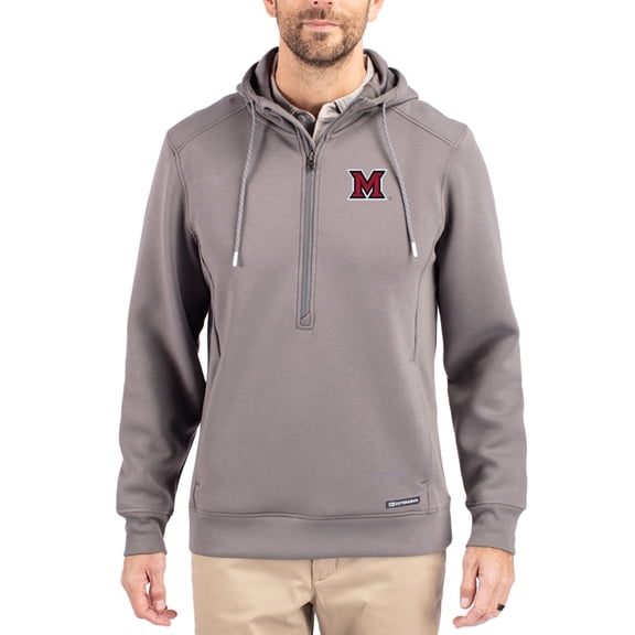 Men's-Cutter & Buck Gray Miami University RedHawks Roam Eco Recycled Half-Zip Pullover Hoodie