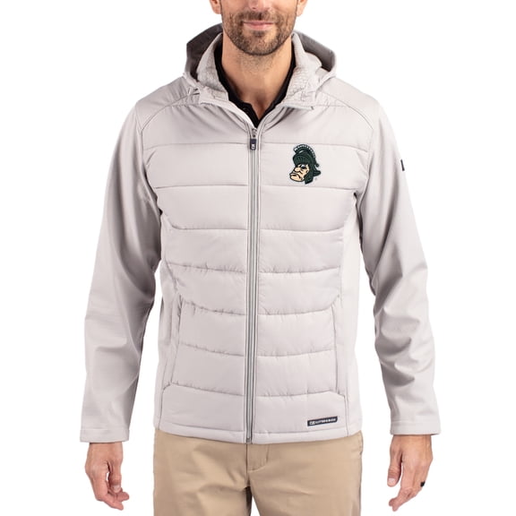 Men's Cutter & Buck Gray Michigan State Spartans Evoke Hybrid Eco Softshell Recycled Full Zip Hooded Jacket