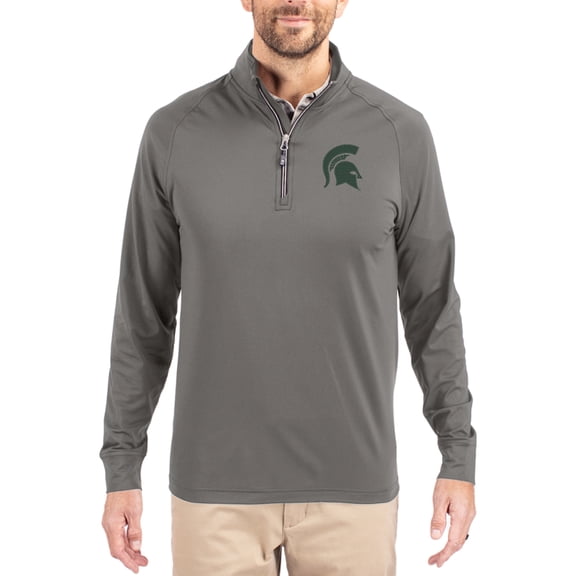 Men's Cutter & Buck Gray Michigan State Spartans Primary Logo Adapt Eco Knit Stretch Raglan Quarter-Zip Pullover