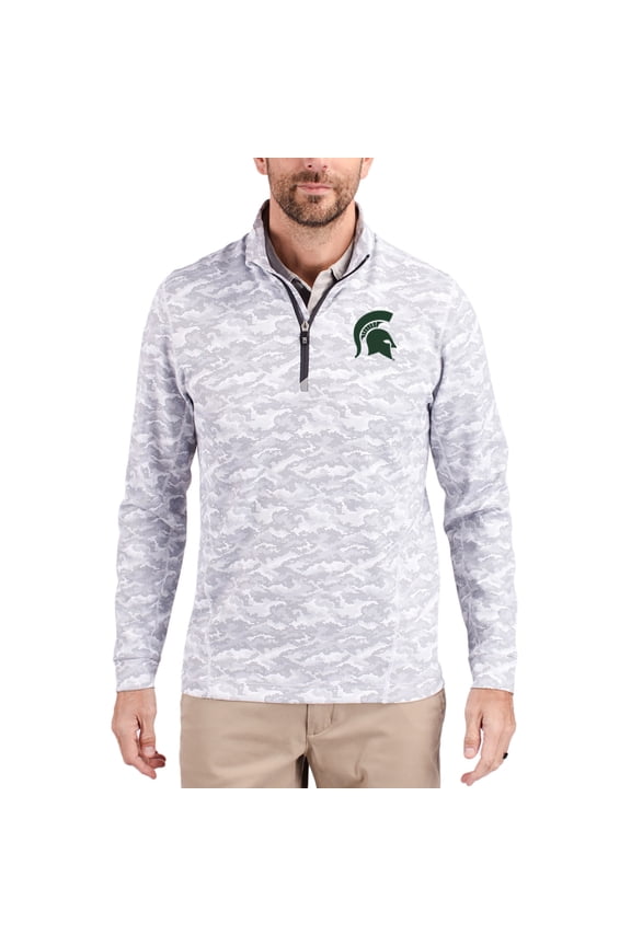 Men's-Cutter & Buck Gray Michigan State Spartans Traverse Stretch Eco Camo DryTec Tri-Blend Quarter-Zip Pullover