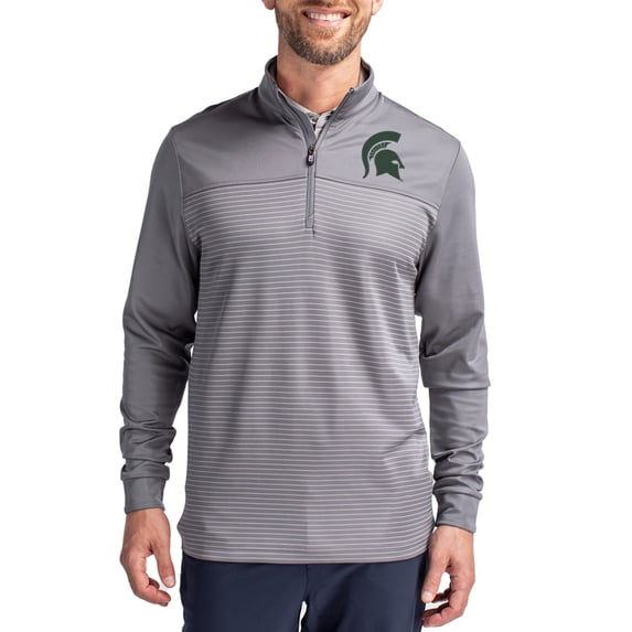 Men's-Cutter & Buck Gray Michigan State Spartans Traverse Stretch Eco Stripe DryTec Tri-Blend Quarter-Zip Pullover
