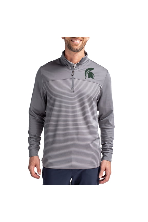 Men's-Cutter & Buck Gray Michigan State Spartans Traverse Stretch Eco Stripe DryTec Tri-Blend Quarter-Zip Pullover
