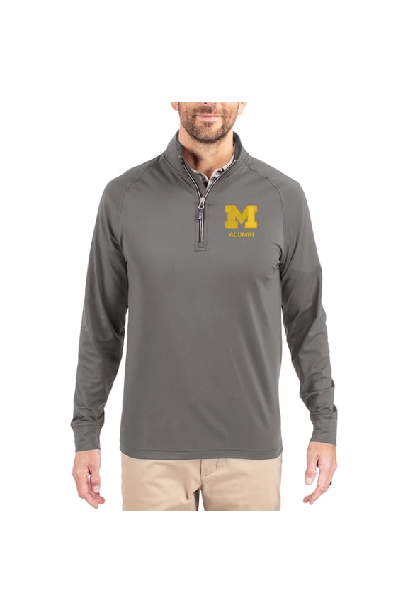 Men's Cutter & Buck Gray Michigan Wolverines Alumni Logo Adapt Eco Knit Stretch Raglan Quarter-Zip Pullover
