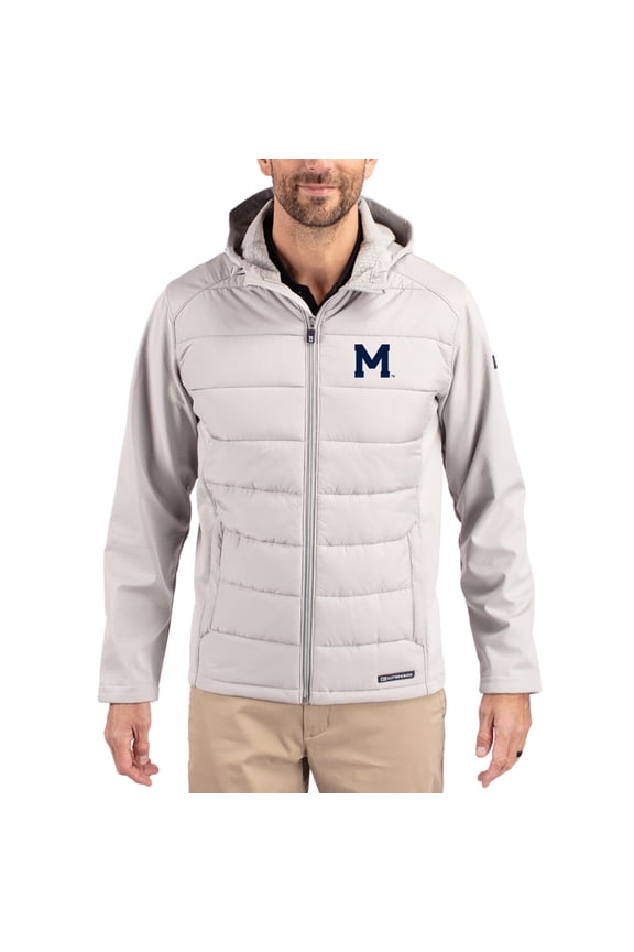 Men's Cutter & Buck Gray Michigan Wolverines Evoke Hybrid Eco Softshell Recycled Full Zip Hooded Jacket