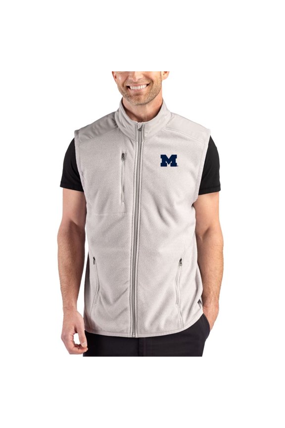 Men's Cutter & Buck Gray Michigan Wolverines Hunts Point Recycled Fleece Hybrid Full-Zip Vest