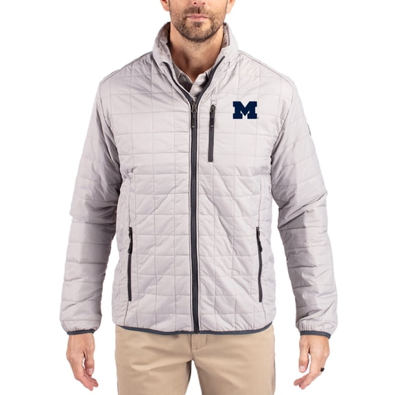 Men's-Cutter & Buck  Gray Michigan Wolverines Rainier Eco Insulated PrimaLoft Full-Zip Puffer Jacket