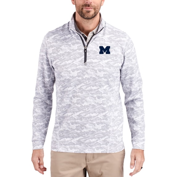 Men's-Cutter & Buck Gray Michigan Wolverines Traverse Stretch Eco Camo DryTec Tri-Blend Quarter-Zip Pullover