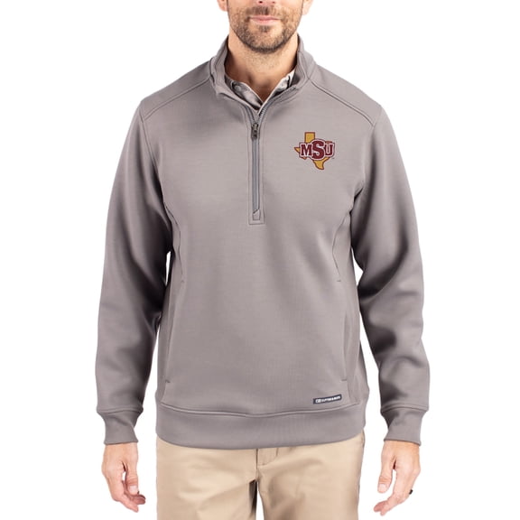 Men's-Cutter & Buck  Gray Midwestern State Mustangs Roam Eco Recycled Quarter-Zip Pullover