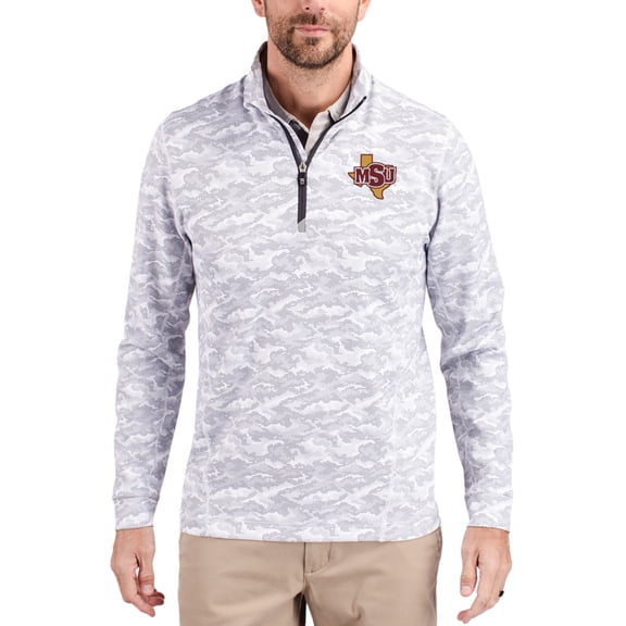 Men's-Cutter & Buck  Gray Midwestern State Mustangs Traverse Stretch Eco Camo DryTec Tri-Blend Quarter-Zip Pullover