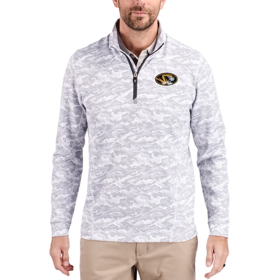 Men's-Cutter & Buck Gray Missouri Tigers Traverse Stretch Eco Camo DryTec Tri-Blend Quarter-Zip Pullover