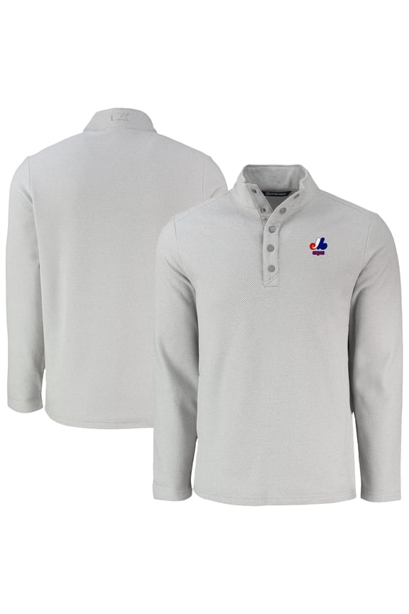 Men's Cutter & Buck Gray Montreal Expos Hunts Point Eco Textured Fleece Recycled Half-Snap Sweatshirt