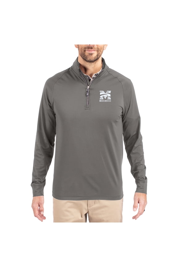 Men's Cutter & Buck Gray Morehouse Maroon Tigers Primary Logo Adapt Eco Knit Stretch Raglan Quarter-Zip Pullover