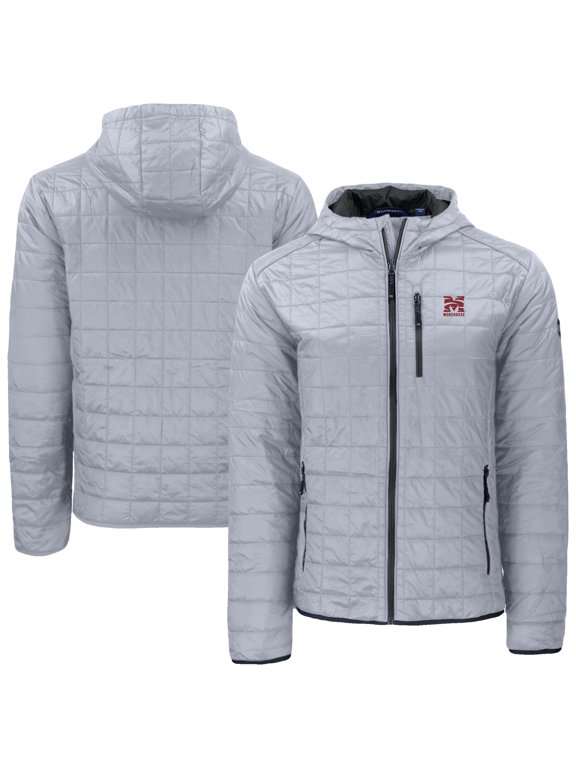 Men's-Cutter & Buck Gray Morehouse Maroon Tigers Rainier Eco PrimaLoft Hooded Full-Zip Jacket