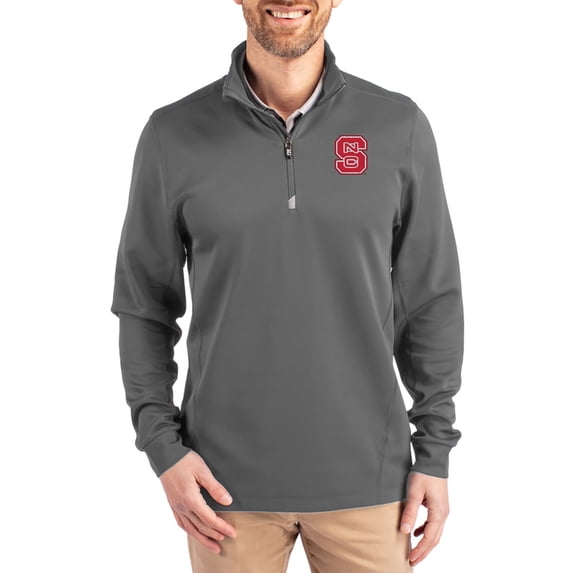 Men's-Cutter & Buck Gray NC State Wolfpack DryTec Traverse Stretch Eco Tri-Blend Quarter-Zip Pullover