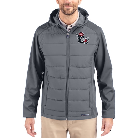 Men's Cutter & Buck Gray NC State Wolfpack Evoke Hybrid Eco Softshell Recycled Full Zip Hooded Jacket