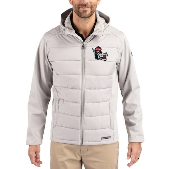 Men's Cutter & Buck Gray NC State Wolfpack Evoke Hybrid Eco Softshell Recycled Full Zip Hooded Jacket