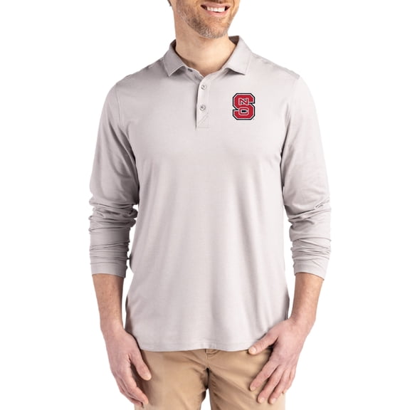 Men's Cutter & Buck Gray NC State Wolfpack Primary Coastline Epic Comfort Long-Sleeve Polo