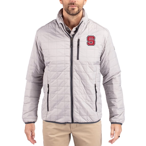 Men's-Cutter & Buck Gray NC State Wolfpack Rainier Eco Insulated PrimaLoft Full-Zip Puffer Jacket