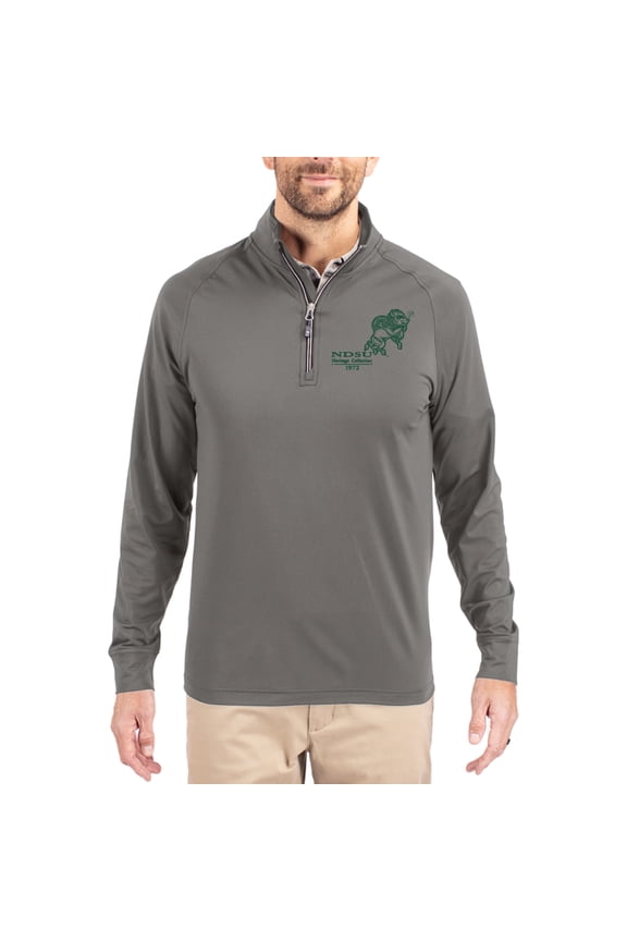 Men's Cutter & Buck Gray NDSU Bison Vault Logo Adapt Eco Knit Stretch Raglan Quarter-Zip Pullover