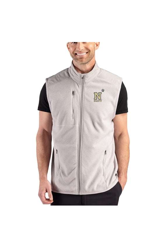 Men's Cutter & Buck Gray Navy Midshipmen Hunts Point Recycled Fleece Hybrid Full-Zip Vest