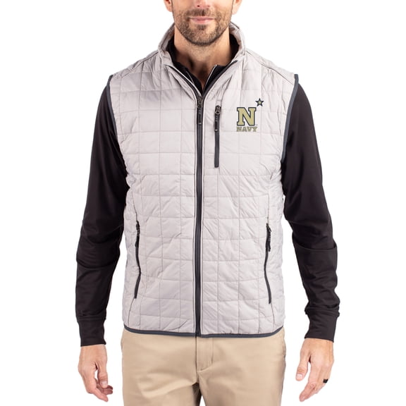 Men's-Cutter & Buck  Gray Navy Midshipmen Rainier Eco Insulated PrimaLoft Full-Zip Puffer Vest