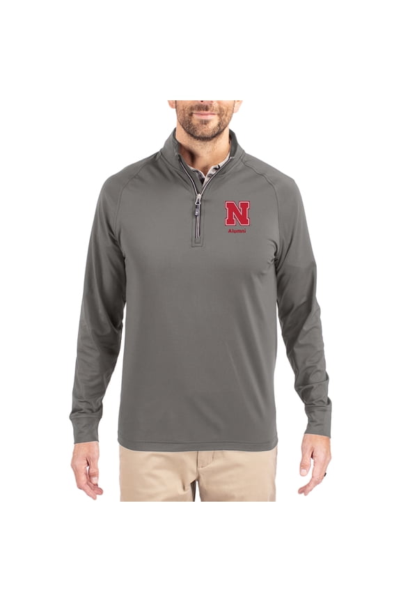 Men's Cutter & Buck Gray Nebraska Huskers Alumni Logo Adapt Eco Knit Stretch Raglan Quarter-Zip Pullover