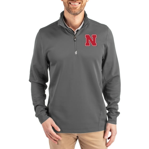 Men's-Cutter & Buck Gray Nebraska Huskers DryTec Traverse Stretch Eco Tri-Blend Quarter-Zip Pullover