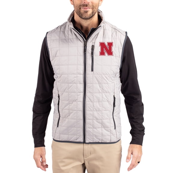 Men's-Cutter & Buck Gray Nebraska Huskers Rainier Eco Insulated PrimaLoft Full-Zip Puffer Vest