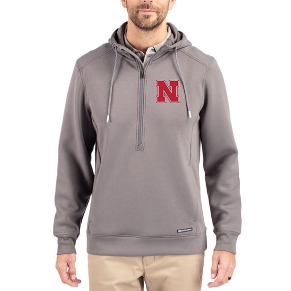 Men's-Cutter & Buck Gray Nebraska Huskers Roam Eco Recycled Half-Zip Pullover Hoodie