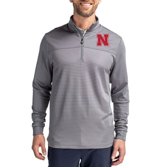 Men's-Cutter & Buck Gray Nebraska Huskers Traverse Stretch Eco Stripe DryTec Tri-Blend Quarter-Zip Pullover