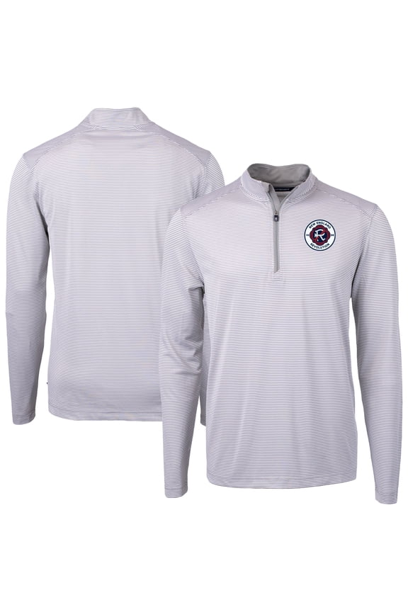 Men's Cutter & Buck Gray New England Revolution DryTec Virtue Eco Pique Micro Stripe Recycled Quarter-Zip Pullover Top