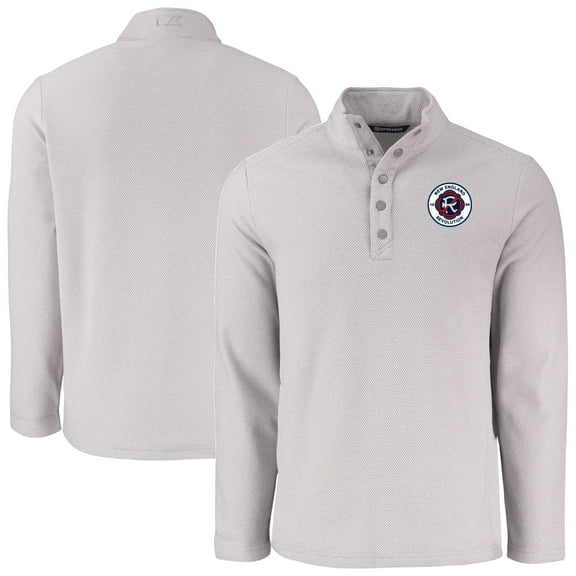 Men's-Cutter & Buck  Gray New England Revolution Hunts Point Eco Textured Fleece Recycled Quarter-Snap Pullover