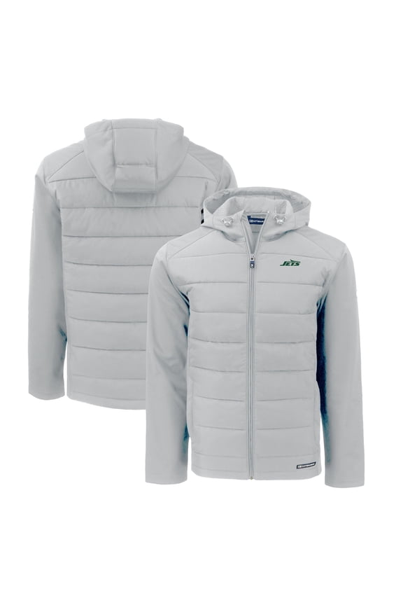 Men's Cutter & Buck Gray New York Jets Primary Logo Evoke Hybrid Eco Softshell Recycled Full-Zip Hooded Jacket