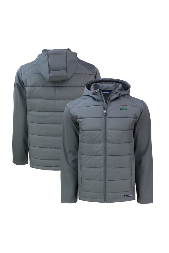 Men's Cutter & Buck  Gray New York Jets Primary Logo Evoke Hybrid Eco Softshell Recycled Full-Zip Hooded Jacket